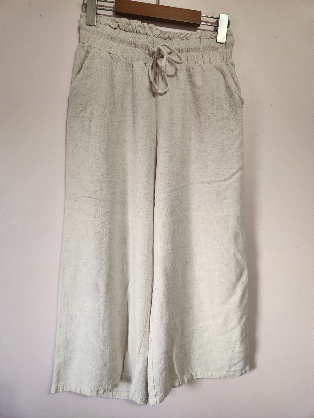 Anrabess Linen Blend Wide Leg Pants Oatmeal  Paperbag Waist Size S EUC Coastal